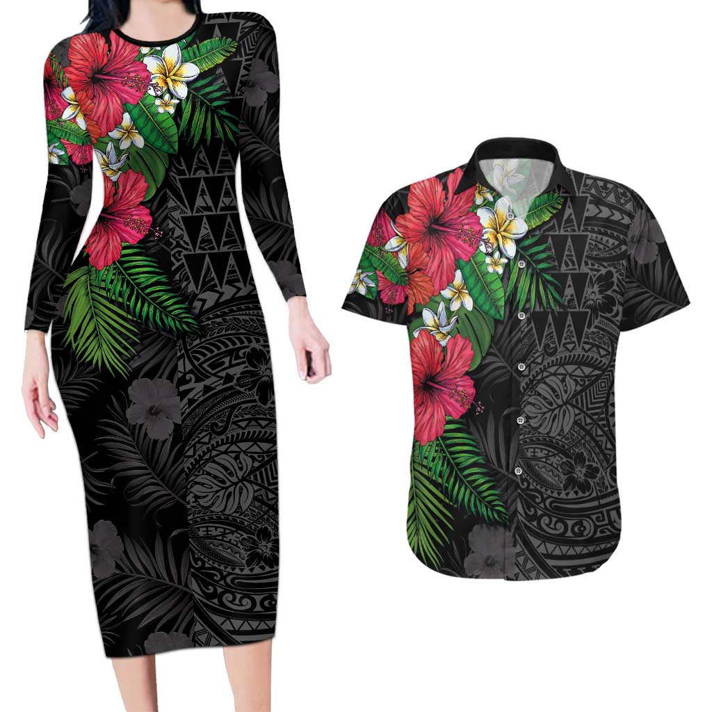 Hawaiian Tropical Plants Couples Matching Long Sleeve Bodycon Dress and Hawaiian Shirt Kakau Tattoo and Polynesian Pattern Half Black Color