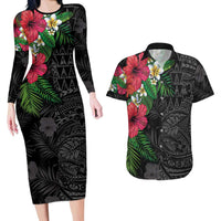 Hawaiian Tropical Plants Couples Matching Long Sleeve Bodycon Dress and Hawaiian Shirt Kakau Tattoo and Polynesian Pattern Half Black Color