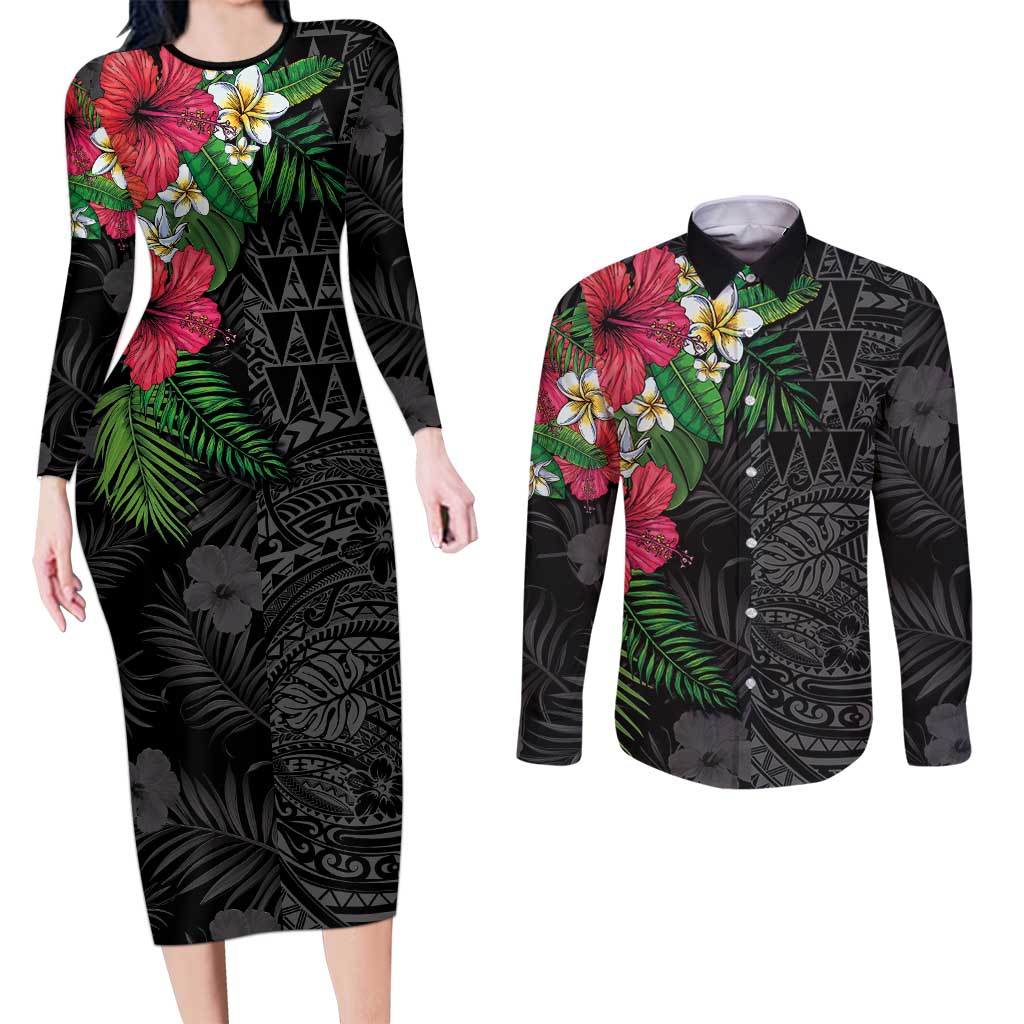 Hawaiian Tropical Plants Couples Matching Long Sleeve Bodycon Dress and Long Sleeve Button Shirt Kakau Tattoo and Polynesian Pattern Half Black Color LT03 Black - Polynesian Pride