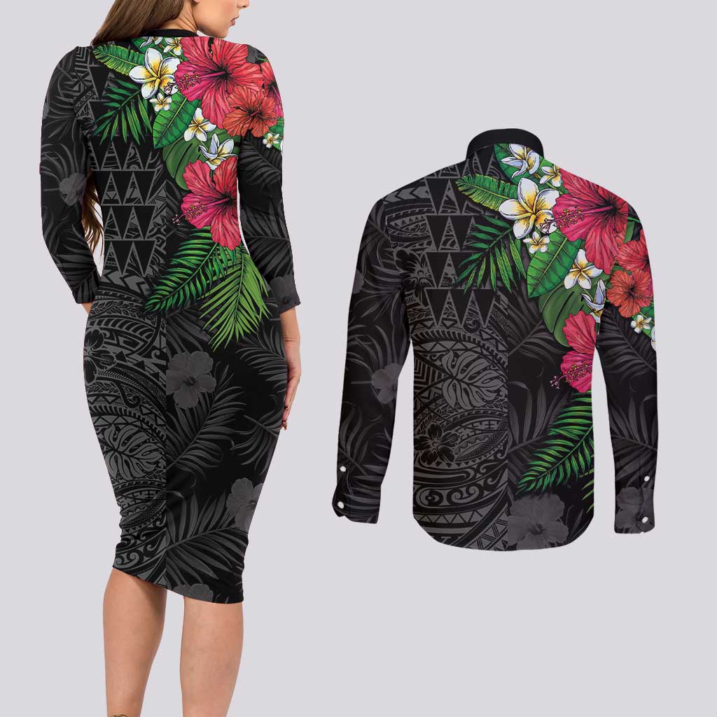 Hawaiian Tropical Plants Couples Matching Long Sleeve Bodycon Dress and Long Sleeve Button Shirt Kakau Tattoo and Polynesian Pattern Half Black Color LT03 - Polynesian Pride