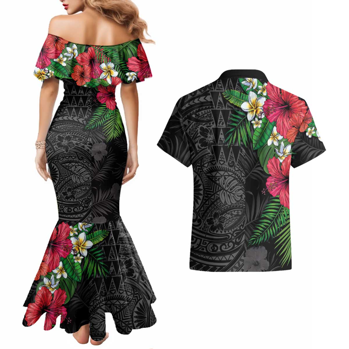 Hawaiian Tropical Plants Couples Matching Mermaid Dress and Hawaiian Shirt Kakau Tattoo and Polynesian Pattern Half Black Color