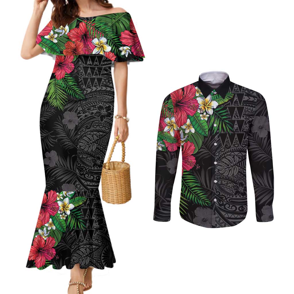 Hawaiian Tropical Plants Couples Matching Mermaid Dress and Long Sleeve Button Shirt Kakau Tattoo and Polynesian Pattern Half Black Color LT03 Black - Polynesian Pride