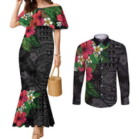 Hawaiian Tropical Plants Couples Matching Mermaid Dress and Long Sleeve Button Shirt Kakau Tattoo and Polynesian Pattern Half Black Color LT03 Black - Polynesian Pride