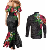 Hawaiian Tropical Plants Couples Matching Mermaid Dress and Long Sleeve Button Shirt Kakau Tattoo and Polynesian Pattern Half Black Color LT03 - Polynesian Pride