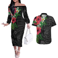 Hawaiian Tropical Plants Couples Matching Off The Shoulder Long Sleeve Dress and Hawaiian Shirt Kakau Tattoo and Polynesian Pattern Half Black Color