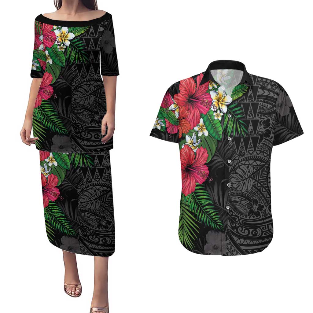 Hawaiian Tropical Plants Couples Matching Puletasi and Hawaiian Shirt Kakau Tattoo and Polynesian Pattern Half Black Color