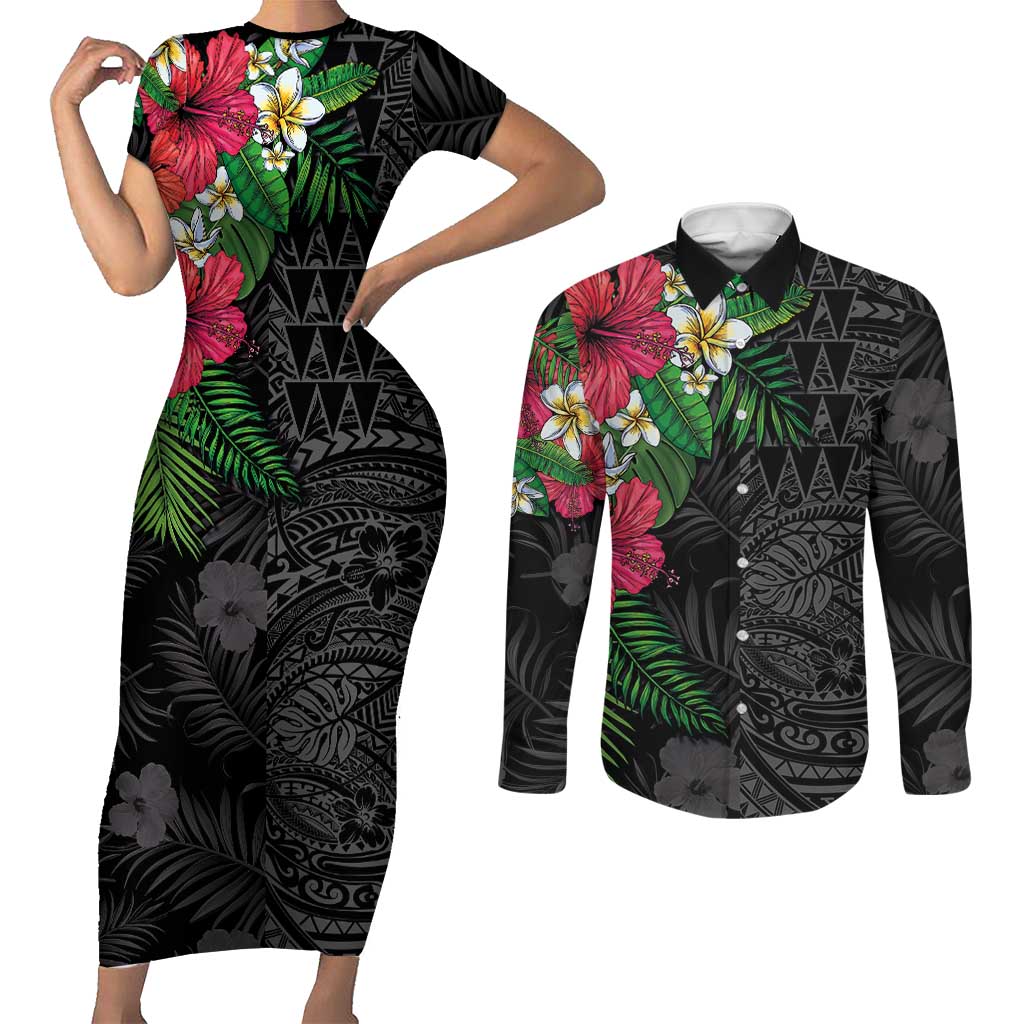 Hawaiian Tropical Plants Couples Matching Short Sleeve Bodycon Dress and Long Sleeve Button Shirt Kakau Tattoo and Polynesian Pattern Half Black Color