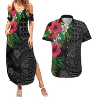 Hawaiian Tropical Plants Couples Matching Summer Maxi Dress and Hawaiian Shirt Kakau Tattoo and Polynesian Pattern Half Black Color LT03 Black - Polynesian Pride