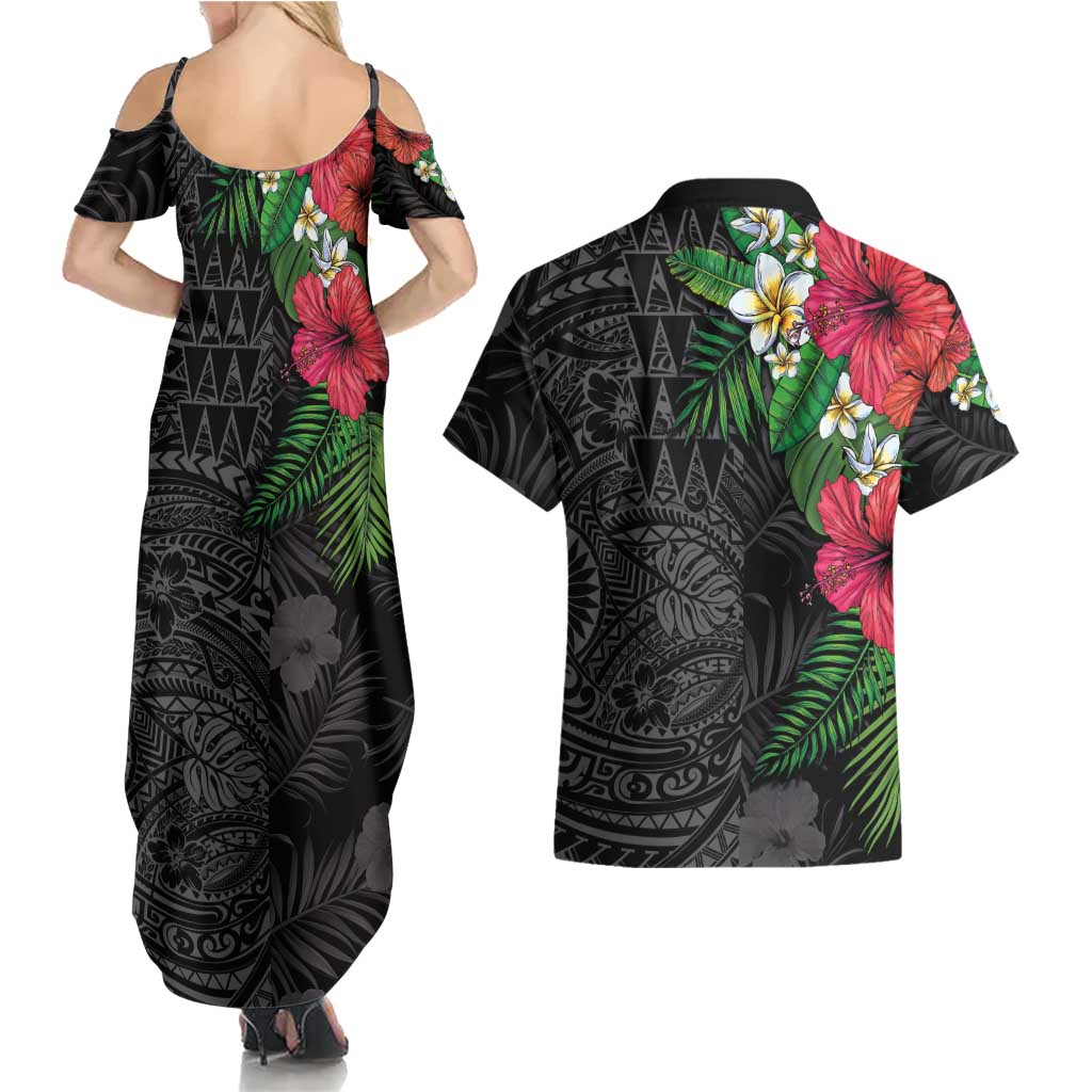 Hawaiian Tropical Plants Couples Matching Summer Maxi Dress and Hawaiian Shirt Kakau Tattoo and Polynesian Pattern Half Black Color LT03 - Polynesian Pride