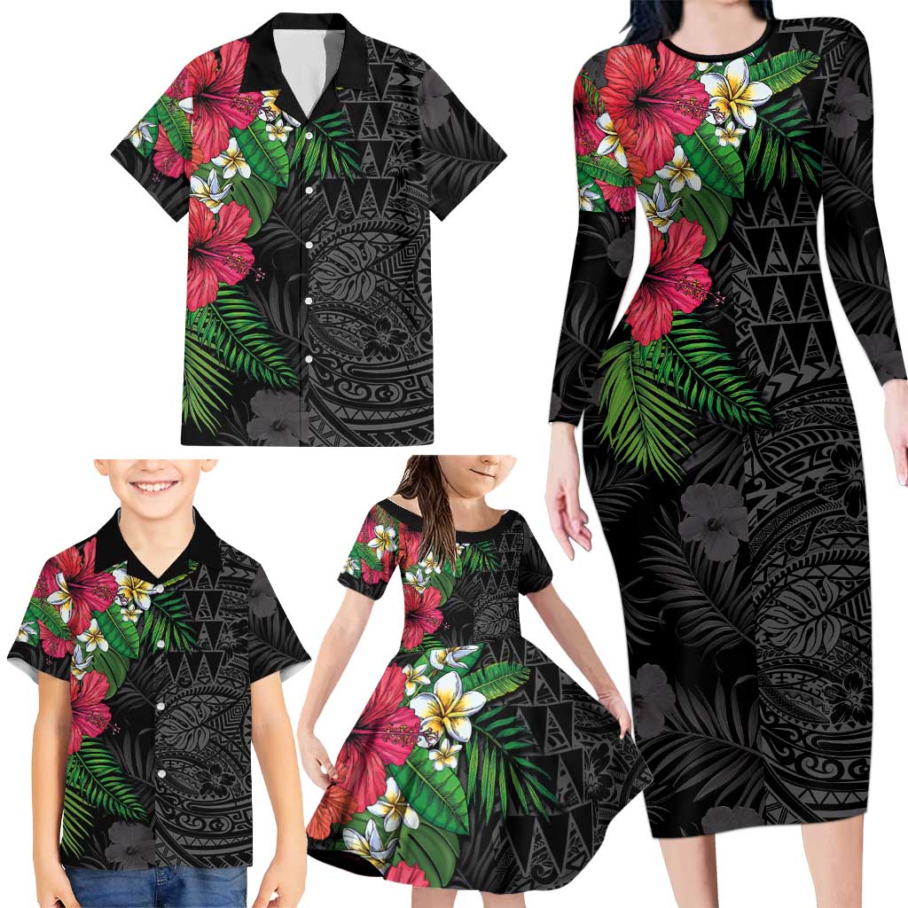 Hawaiian Tropical Plants Family Matching Long Sleeve Bodycon Dress and Hawaiian Shirt Kakau Tattoo and Polynesian Pattern Half Black Color