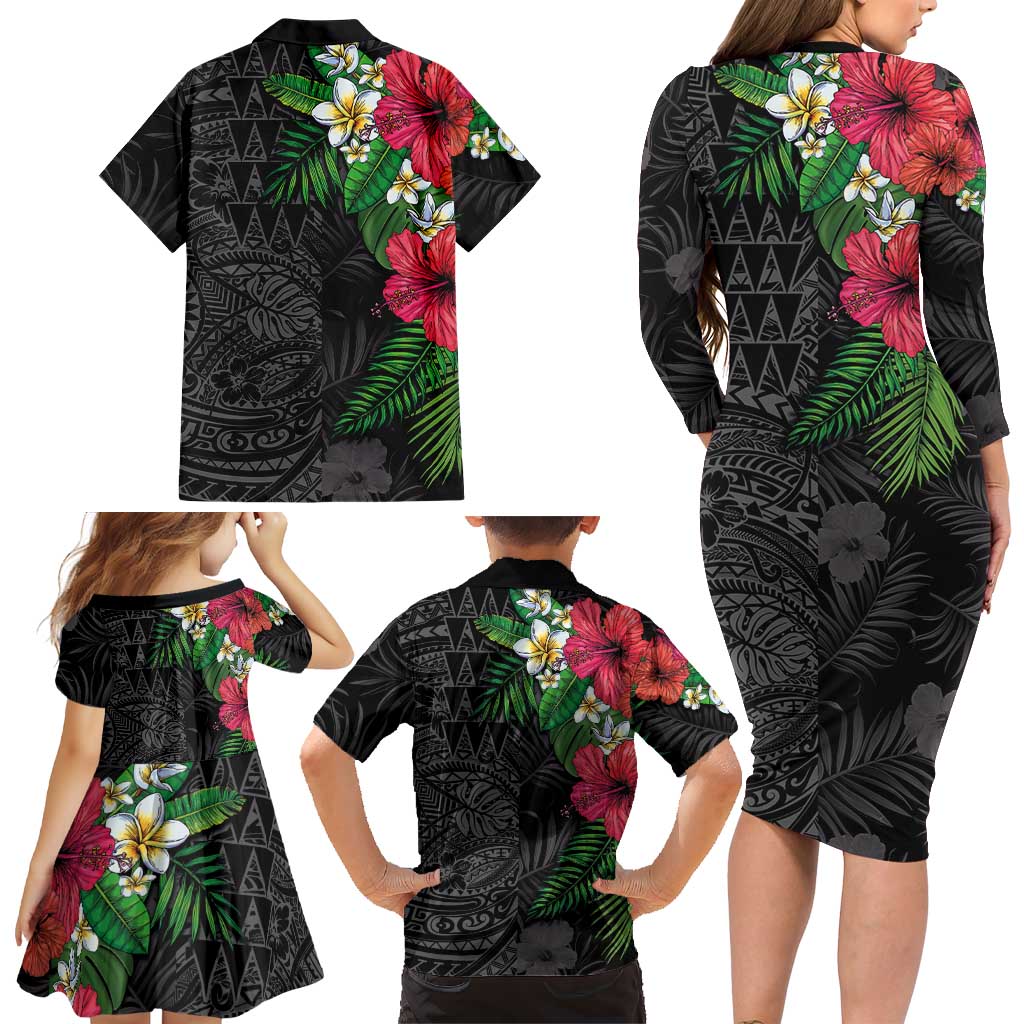 Hawaiian Tropical Plants Family Matching Long Sleeve Bodycon Dress and Hawaiian Shirt Kakau Tattoo and Polynesian Pattern Half Black Color