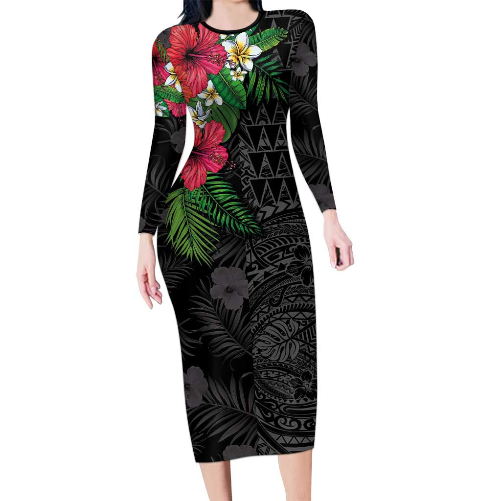 Hawaiian Tropical Plants Family Matching Long Sleeve Bodycon Dress and Hawaiian Shirt Kakau Tattoo and Polynesian Pattern Half Black Color