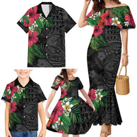 Hawaiian Tropical Plants Family Matching Mermaid Dress and Hawaiian Shirt Kakau Tattoo and Polynesian Pattern Half Black Color