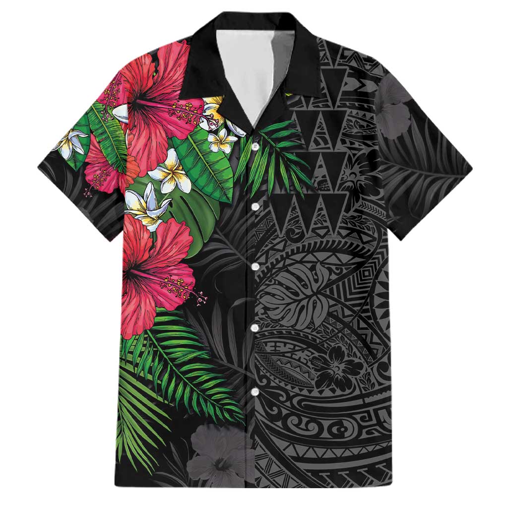 Hawaiian Tropical Plants Family Matching Mermaid Dress and Hawaiian Shirt Kakau Tattoo and Polynesian Pattern Half Black Color