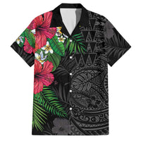 Hawaiian Tropical Plants Family Matching Mermaid Dress and Hawaiian Shirt Kakau Tattoo and Polynesian Pattern Half Black Color