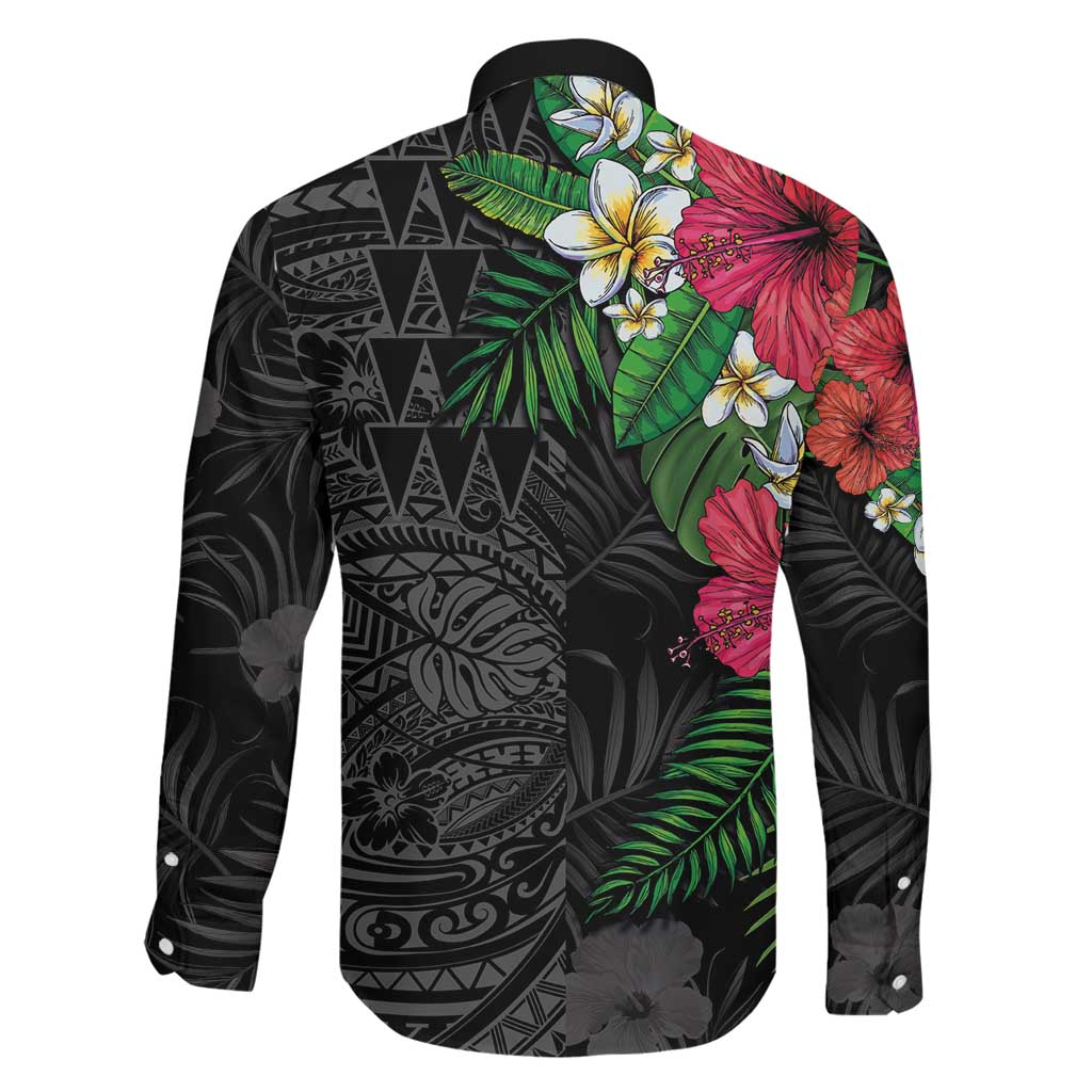 Hawaiian Tropical Plants Family Matching Mermaid Dress and Hawaiian Shirt Kakau Tattoo and Polynesian Pattern Half Black Color