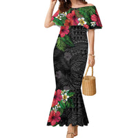 Hawaiian Tropical Plants Family Matching Mermaid Dress and Hawaiian Shirt Kakau Tattoo and Polynesian Pattern Half Black Color