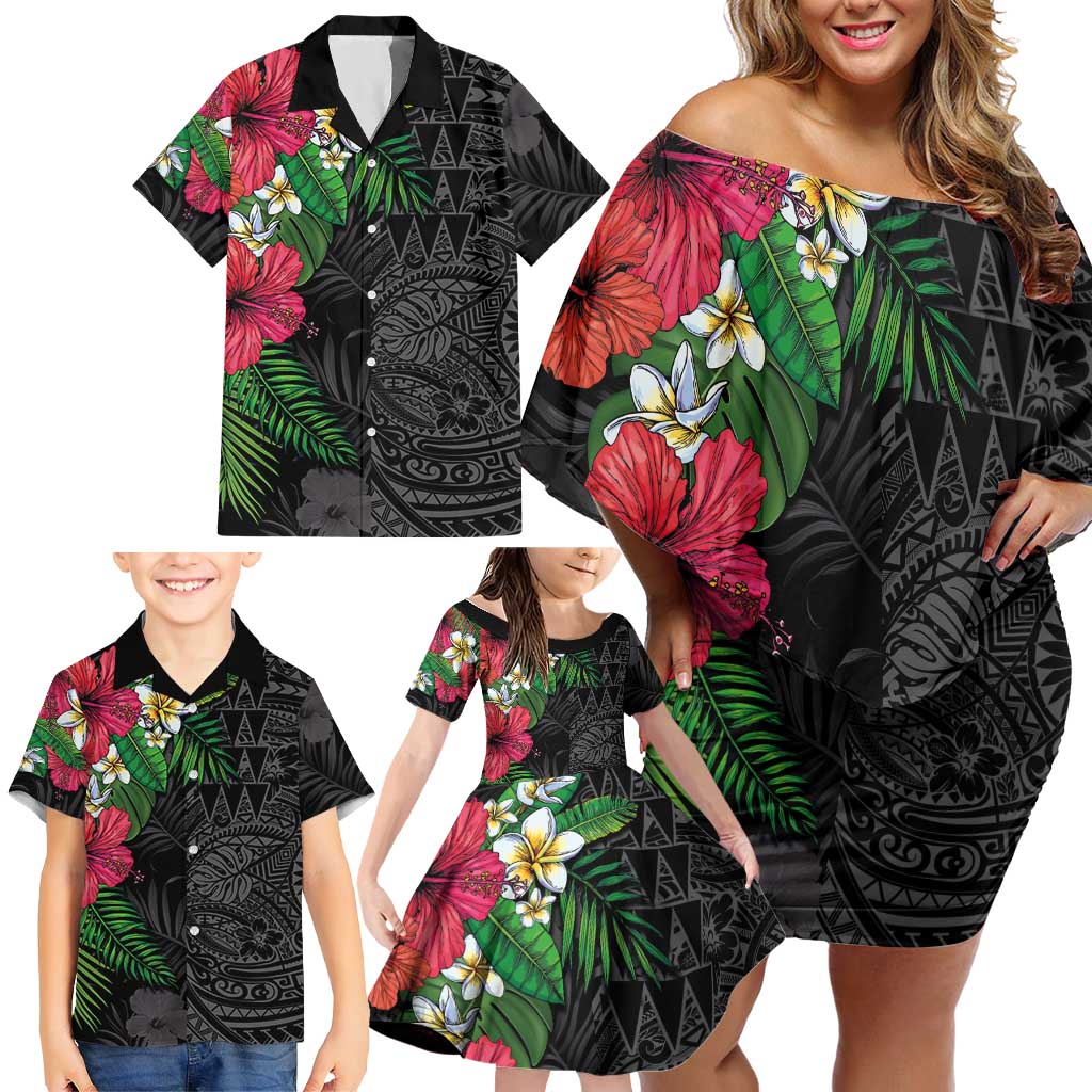 Hawaiian Tropical Plants Family Matching Off Shoulder Short Dress and Hawaiian Shirt Kakau Tattoo and Polynesian Pattern Half Black Color