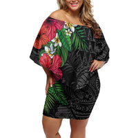 Hawaiian Tropical Plants Family Matching Off Shoulder Short Dress and Hawaiian Shirt Kakau Tattoo and Polynesian Pattern Half Black Color