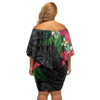 Hawaiian Tropical Plants Family Matching Off Shoulder Short Dress and Hawaiian Shirt Kakau Tattoo and Polynesian Pattern Half Black Color