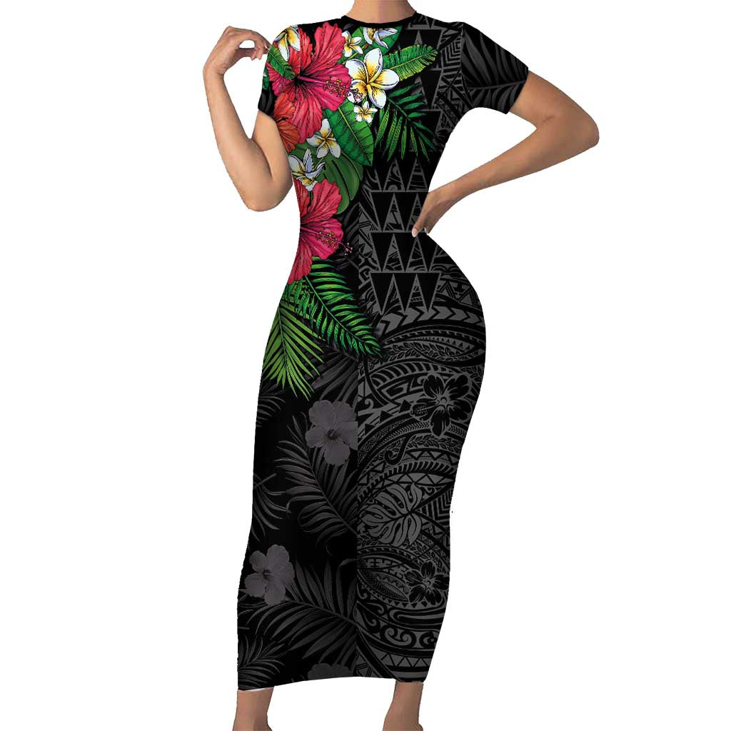 Hawaiian Tropical Plants Family Matching Short Sleeve Bodycon Dress and Hawaiian Shirt Kakau Tattoo and Polynesian Pattern Half Black Color