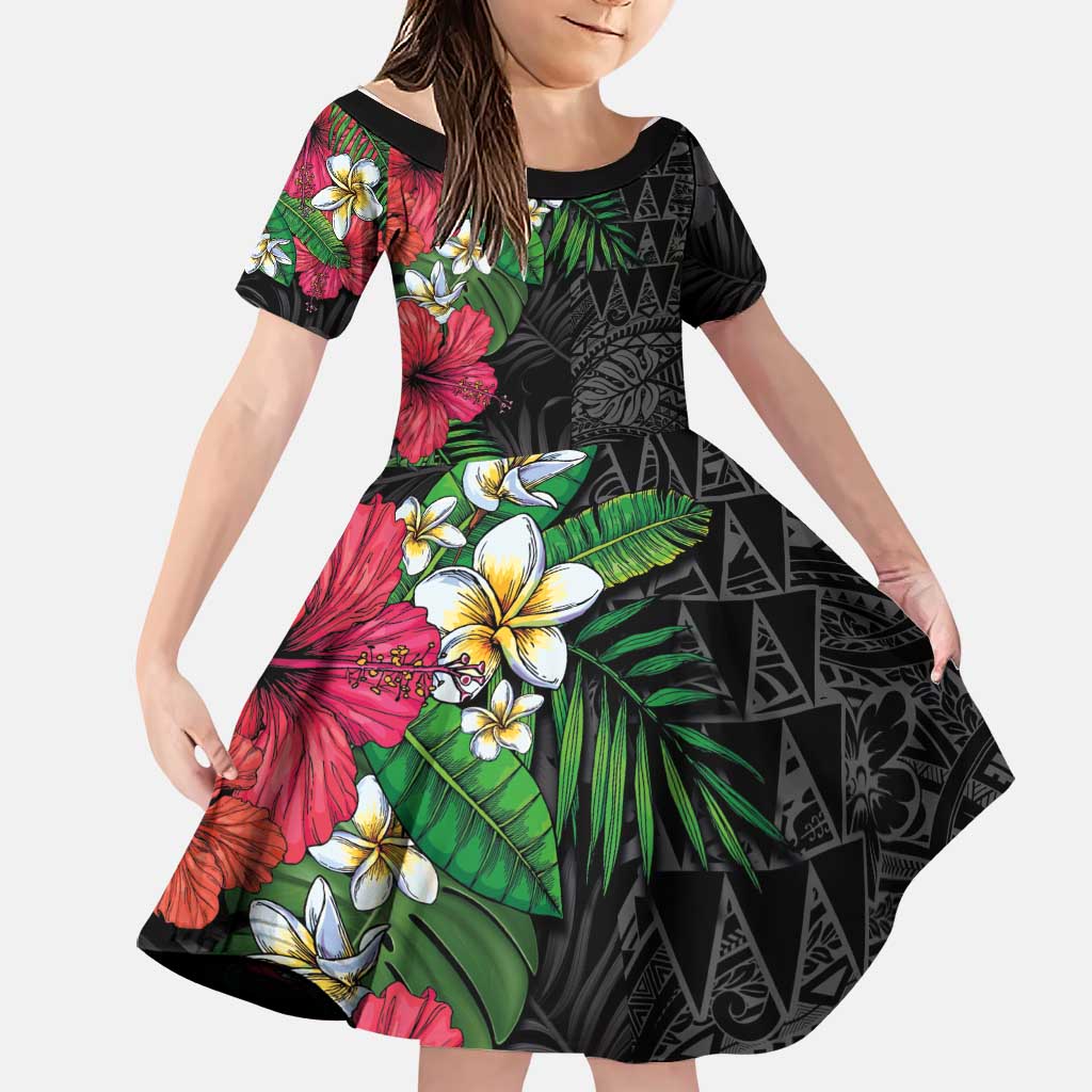 Hawaiian Tropical Plants Family Matching Tank Maxi Dress and Hawaiian Shirt Kakau Tattoo and Polynesian Pattern Half Black Color