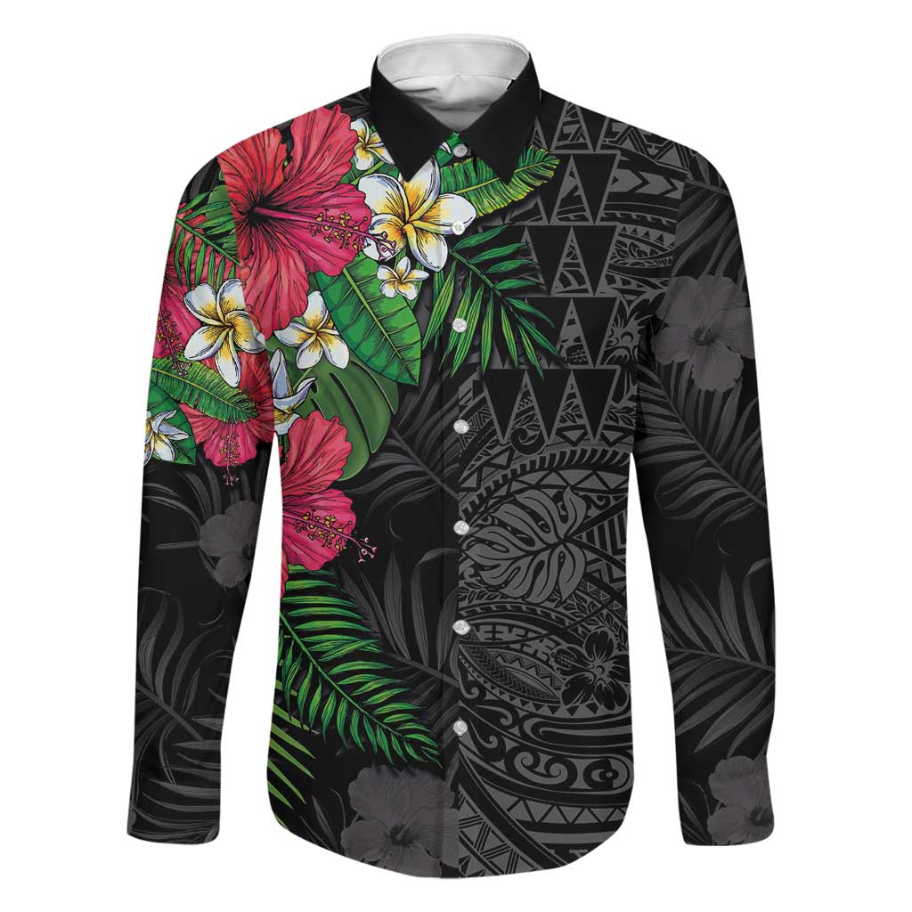Hawaiian Tropical Plants Family Matching Tank Maxi Dress and Hawaiian Shirt Kakau Tattoo and Polynesian Pattern Half Black Color