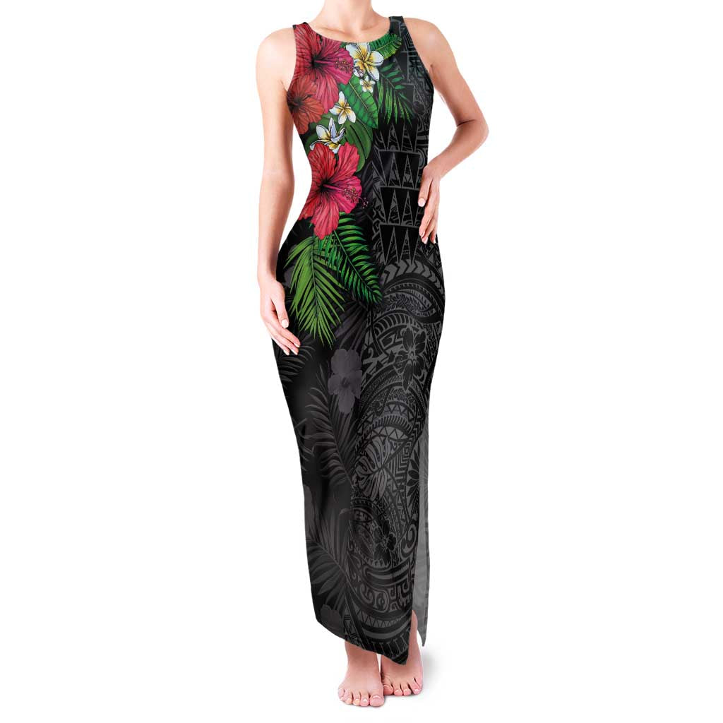 Hawaiian Tropical Plants Family Matching Tank Maxi Dress and Hawaiian Shirt Kakau Tattoo and Polynesian Pattern Half Black Color