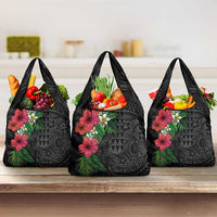 Hawaiian Tropical Plants Grocery Bag Kakau Tattoo and Polynesian Pattern Half Black Color LT03 3-pack One Size Black - Polynesian Pride