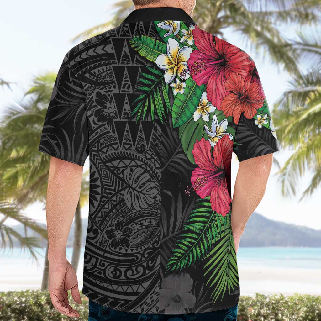 Hawaiian Tropical Plants Hawaiian Shirt Kakau Tattoo and Polynesian Pattern Half Black Color LT03 - Polynesian Pride