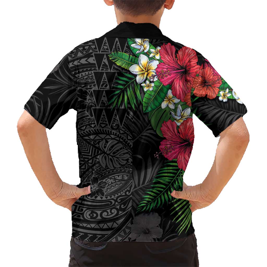 Hawaiian Tropical Plants Kid Hawaiian Shirt Kakau Tattoo and Polynesian Pattern Half Black Color LT03 - Polynesian Pride