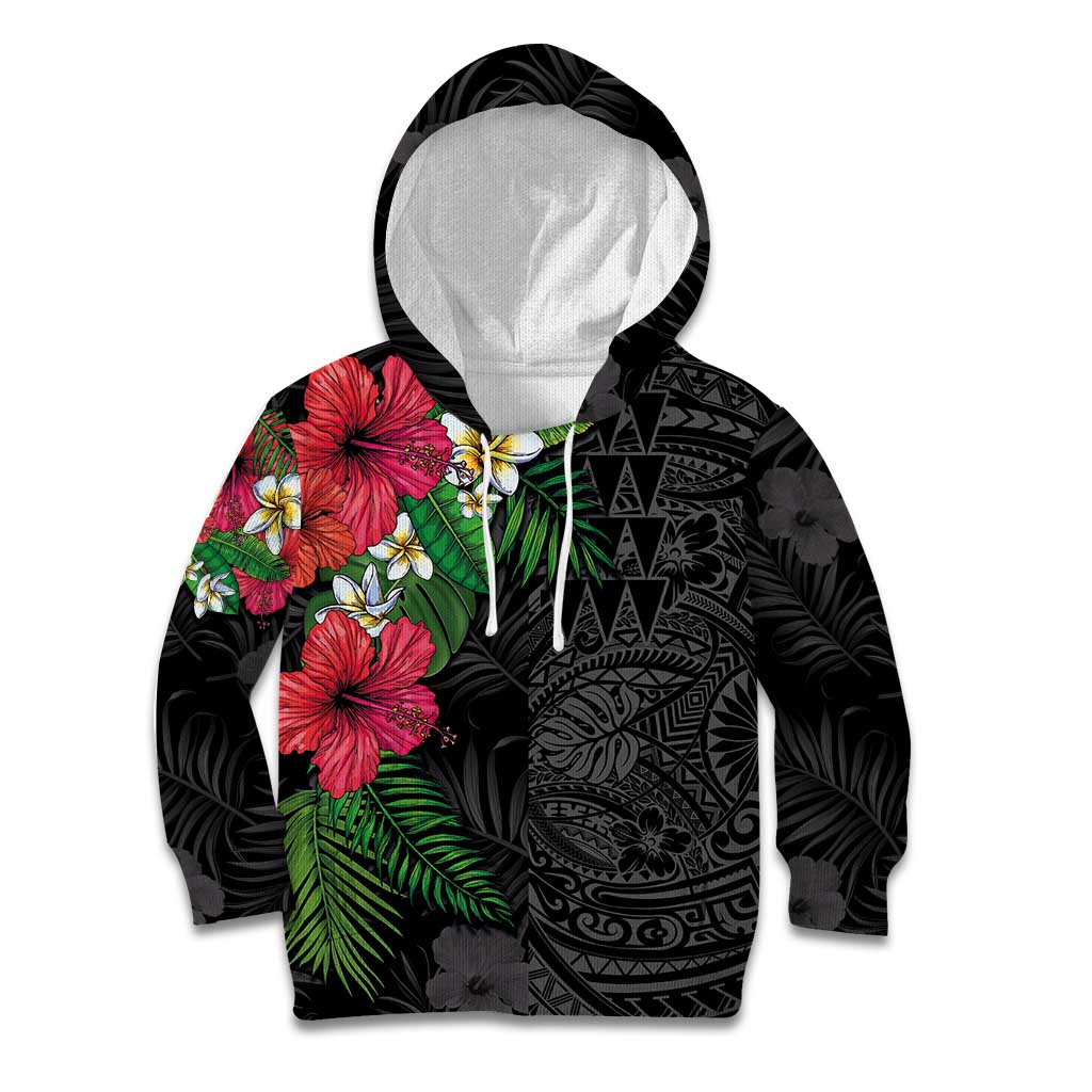 Hawaiian Tropical Plants Kid Hoodie Kakau Tattoo and Polynesian Pattern Half Black Color