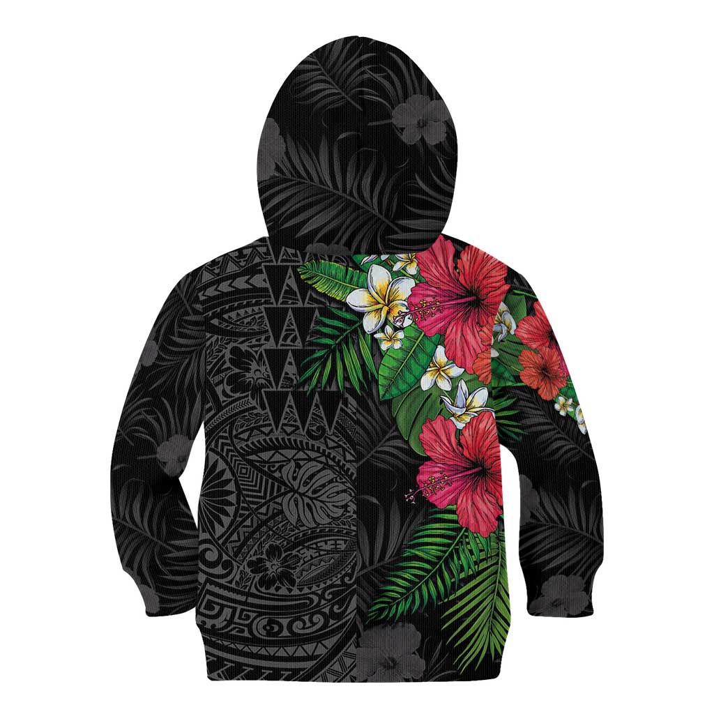 Hawaiian Tropical Plants Kid Hoodie Kakau Tattoo and Polynesian Pattern Half Black Color