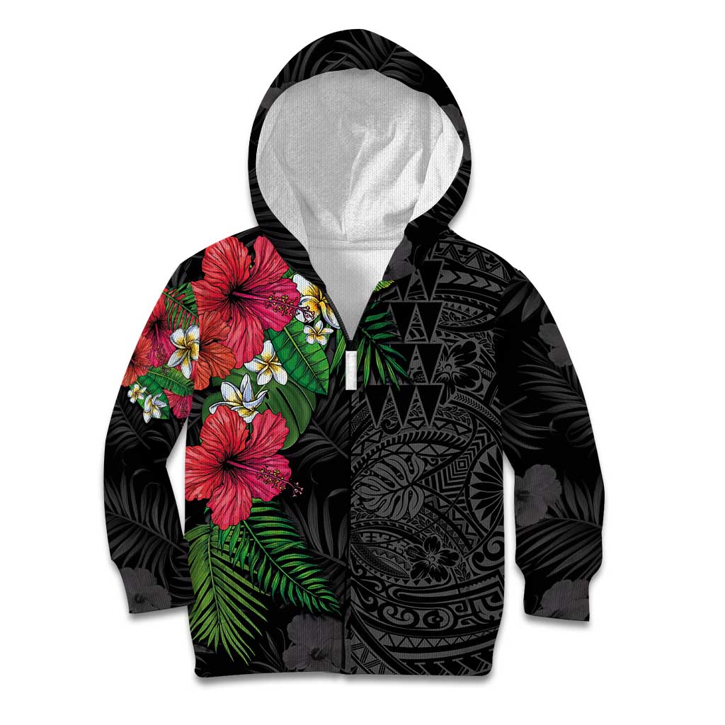 Hawaiian Tropical Plants Kid Hoodie Kakau Tattoo and Polynesian Pattern Half Black Color