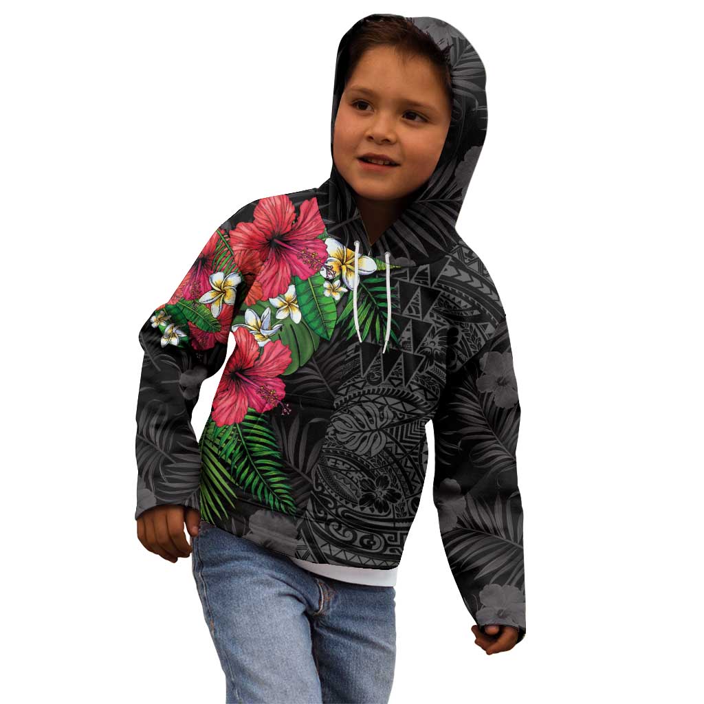 Hawaiian Tropical Plants Kid Hoodie Kakau Tattoo and Polynesian Pattern Half Black Color