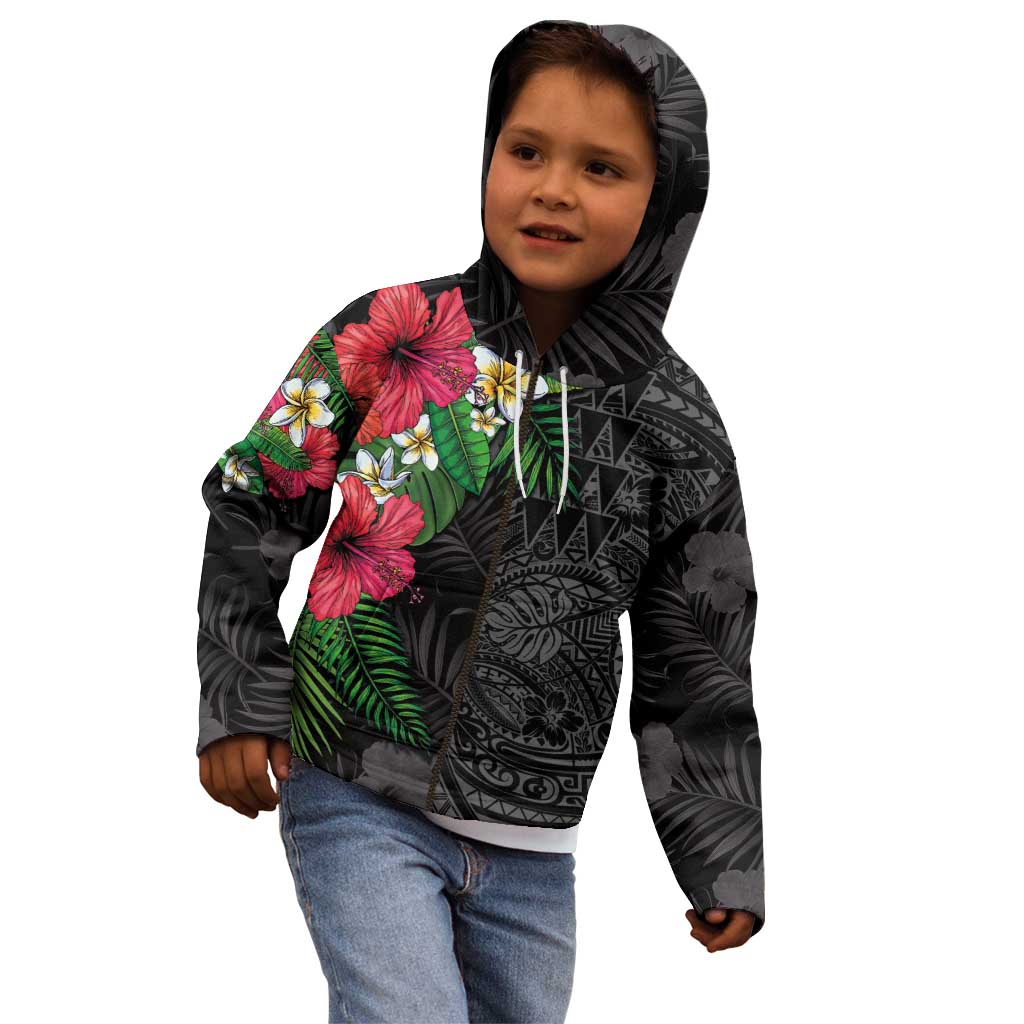 Hawaiian Tropical Plants Kid Hoodie Kakau Tattoo and Polynesian Pattern Half Black Color