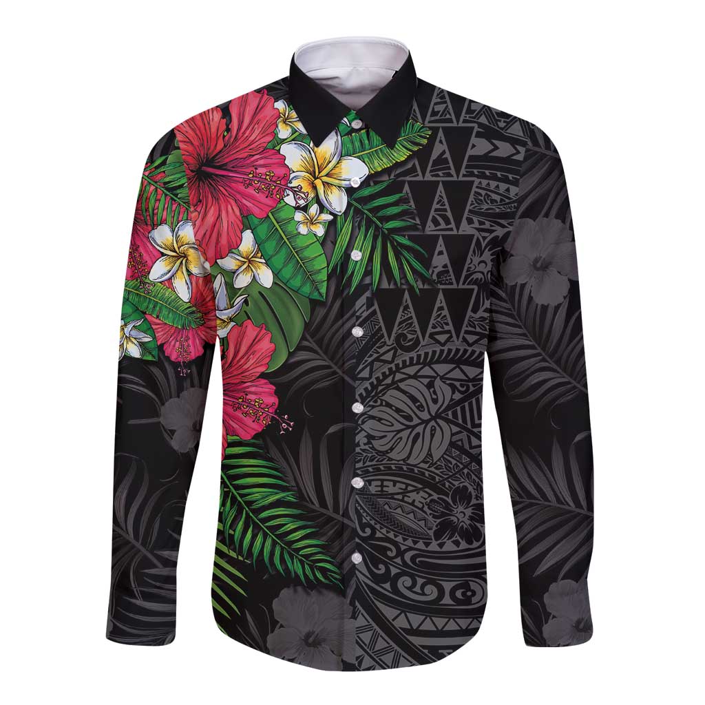 Hawaiian Tropical Plants Long Sleeve Button Shirt Kakau Tattoo and Polynesian Pattern Half Black Color