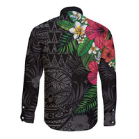 Hawaiian Tropical Plants Long Sleeve Button Shirt Kakau Tattoo and Polynesian Pattern Half Black Color