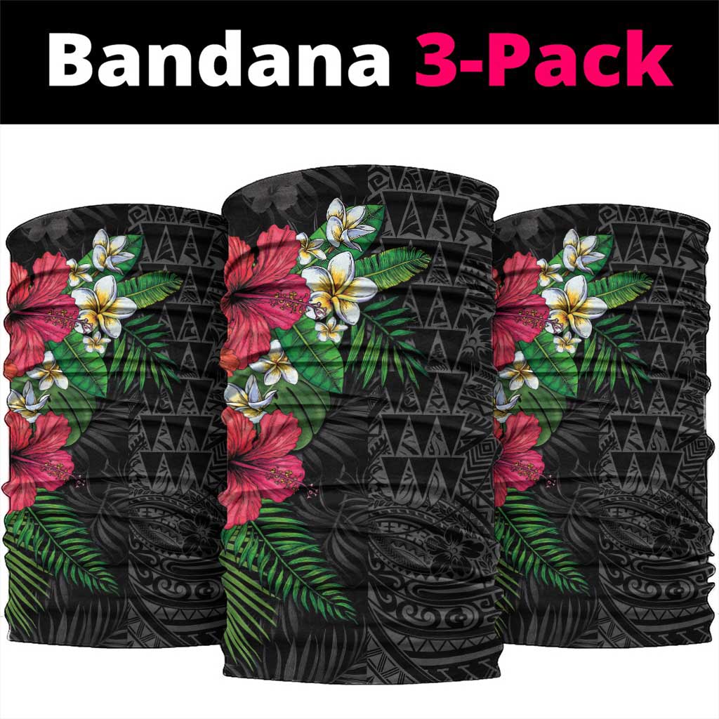 Hawaiian Tropical Plants Neck Gaiter Kakau Tattoo and Polynesian Pattern Half Black Color