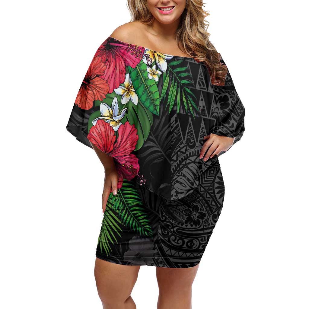 Hawaiian Tropical Plants Off Shoulder Short Dress Kakau Tattoo and Polynesian Pattern Half Black Color
