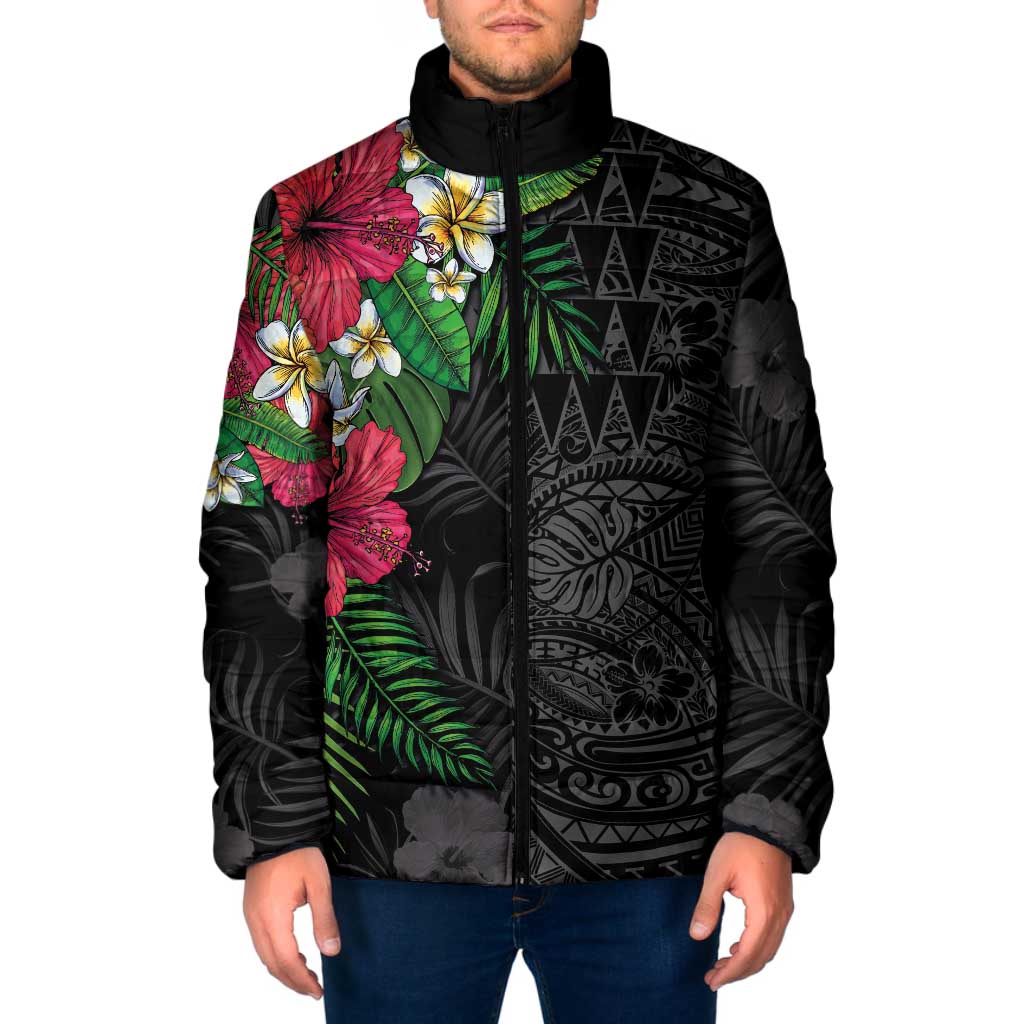 Hawaiian Tropical Plants Padded Jacket Kakau Tattoo and Polynesian Pattern Half Black Color