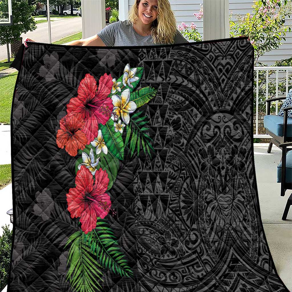 Hawaiian Tropical Plants Quilt Kakau Tattoo and Polynesian Pattern Half Black Color