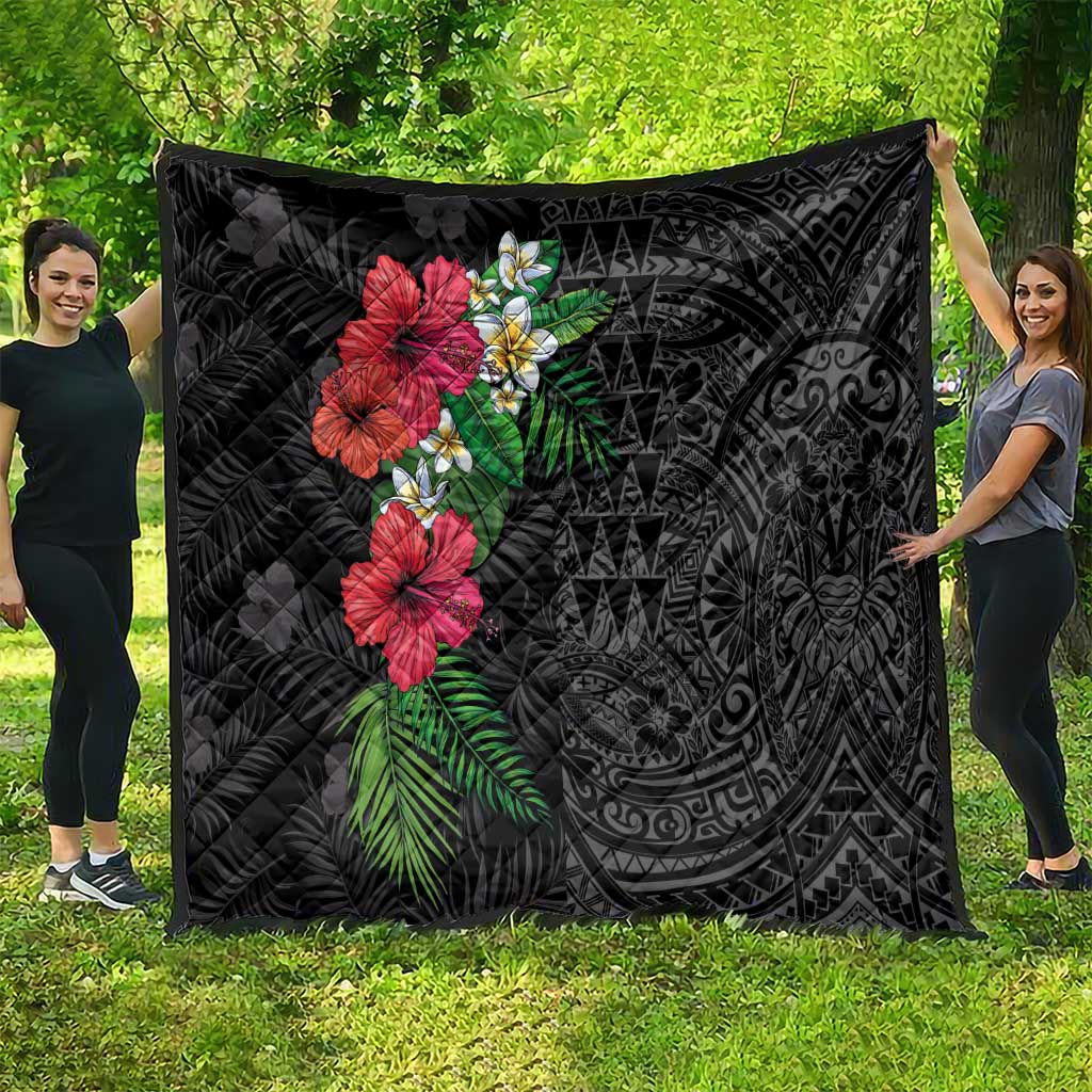 Hawaiian Tropical Plants Quilt Kakau Tattoo and Polynesian Pattern Half Black Color