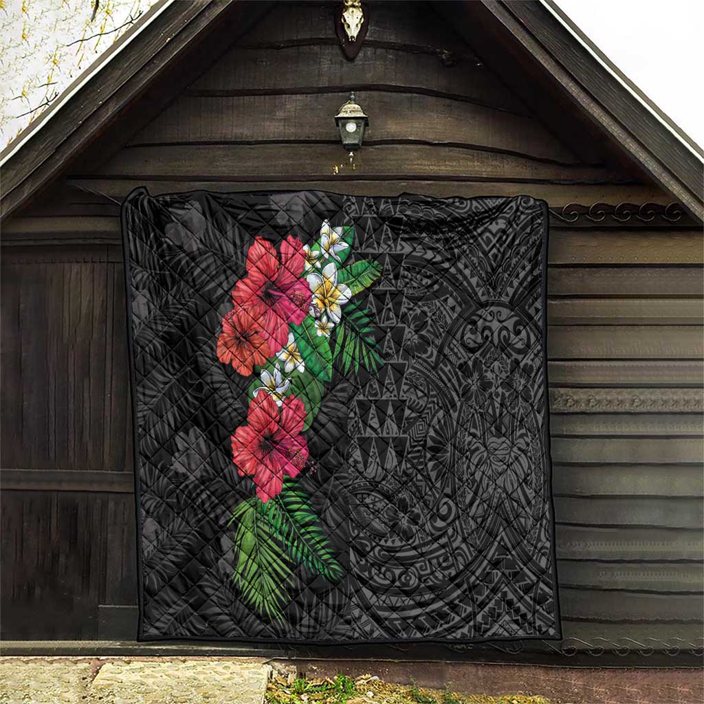 Hawaiian Tropical Plants Quilt Kakau Tattoo and Polynesian Pattern Half Black Color