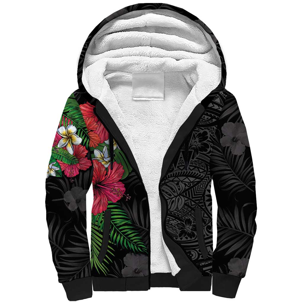 Hawaiian Tropical Plants Sherpa Hoodie Kakau Tattoo and Polynesian Pattern Half Black Color