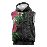 Hawaiian Tropical Plants Sleeveless Zip Hoodie Kakau Tattoo and Polynesian Pattern Half Black Color LT03 Black - Polynesian Pride