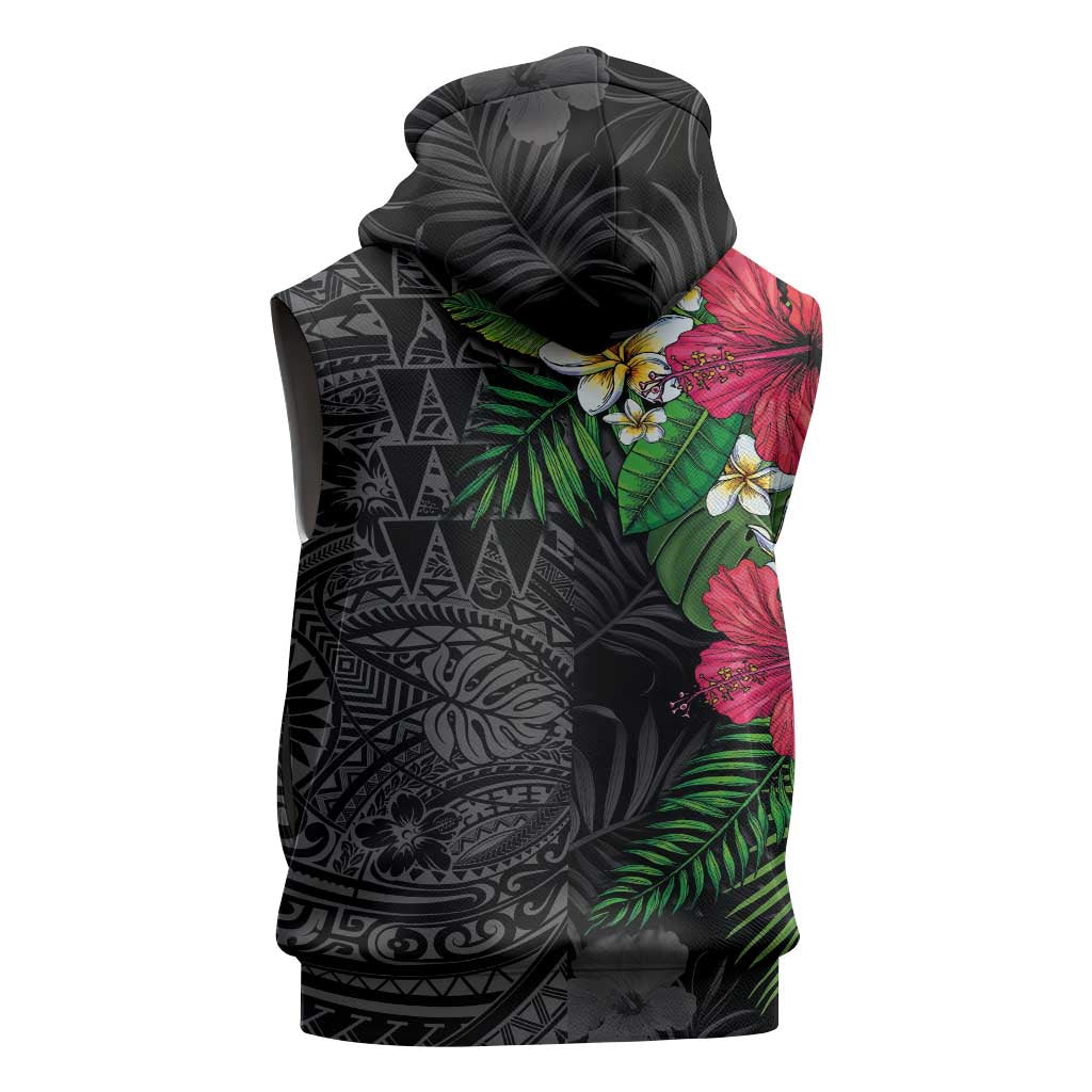 Hawaiian Tropical Plants Sleeveless Zip Hoodie Kakau Tattoo and Polynesian Pattern Half Black Color LT03 - Polynesian Pride