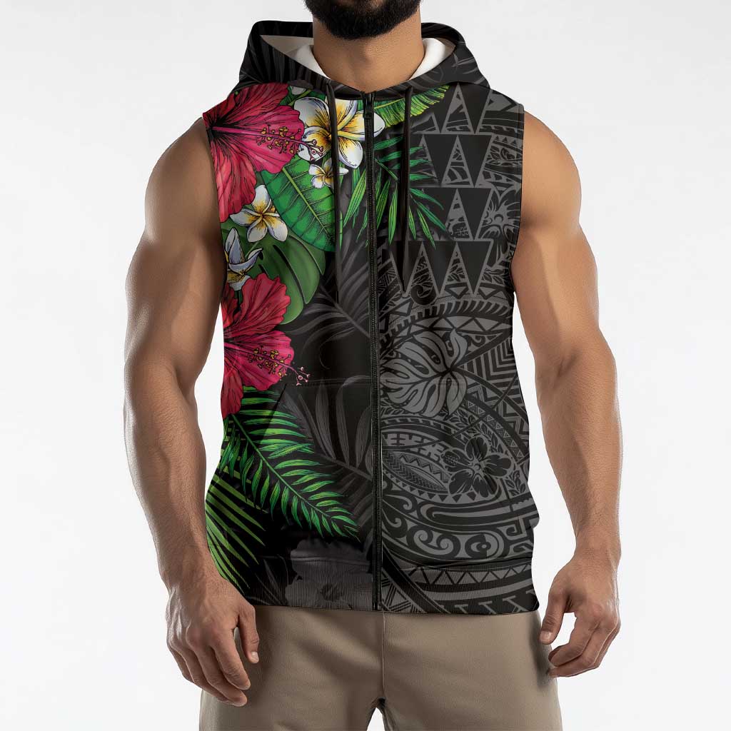 Hawaiian Tropical Plants Sleeveless Zip Hoodie Kakau Tattoo and Polynesian Pattern Half Black Color LT03 - Polynesian Pride