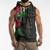 Hawaiian Tropical Plants Sleeveless Zip Hoodie Kakau Tattoo and Polynesian Pattern Half Black Color LT03 - Polynesian Pride