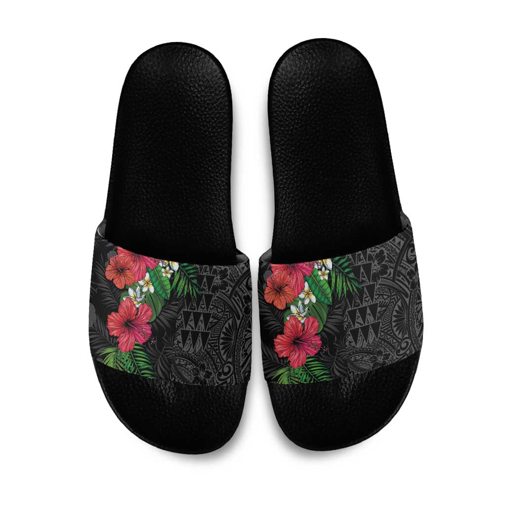 Hawaiian Tropical Plants Slide Sandals Kakau Tattoo and Polynesian Pattern Half Black Color